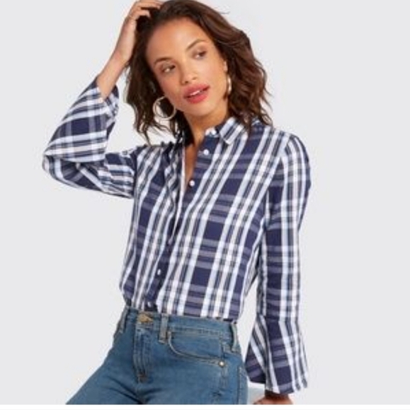 DRAPER JAMES BLUE PLAID BELL SLEEVE BLOUSE BUTTON UP SHIRT TOP WOMEN SIZE 4 - Picture 1 of 12